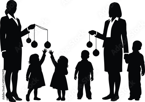 Silhouette adults with Newton cradle, children learning physics, education concept, momentum transfer, science illustration, family teaching, observation, play, learning, vector art