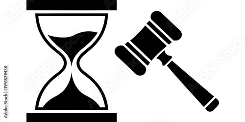 Judge gavel and hourglass. Black and white vector illustration of legal deadline, justice, and law concept in engraving style.