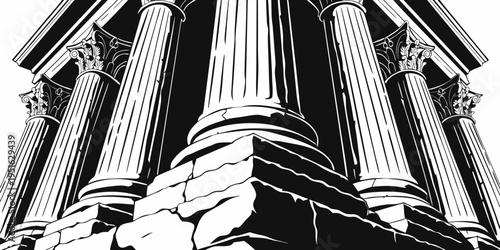  Ancient Greek temple columns looking up. Black and white vector illustration of classical Roman architecture ruins in engraving style