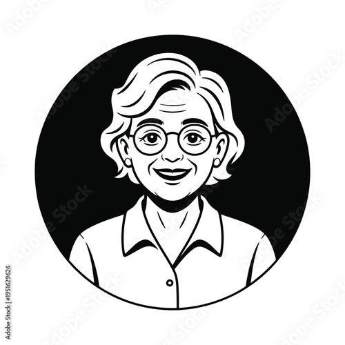A smiling senior woman with glasses in a circular portrait