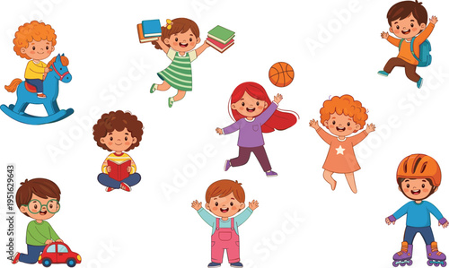 kids, children, cartoon, activities, playing, learning, education, fun, childhood, happy, toys, sports, books, school, playground, colorful, characters, collection, illustration, leisure