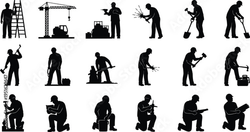 Construction workers silhouette set, industrial welding, builder with tools, heavy manual labor, building site machinery, crane, engineer, laborer icons isolated on white background