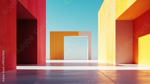 Colorful architectural design.  Empty open spaces. Vivid geometric shapes
