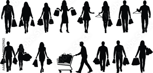 Shopping people silhouette set with men and women carrying bags, shoppers walking with purchase, retail customer group icons, mall commerce vector isolated,