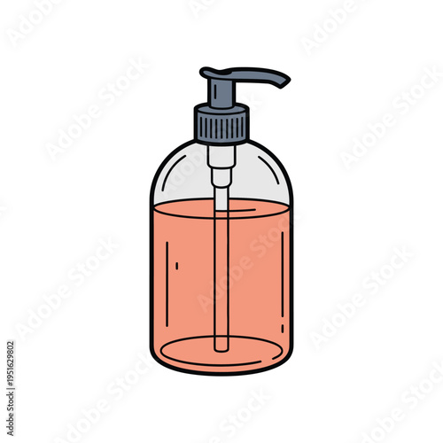 A clear plastic bottle of hand sanitizer with a pump