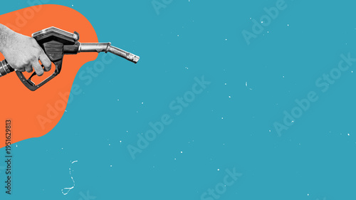 Flat design collage. Fuel pump nozzle dispensing gasoline, isolated on a copy space background.