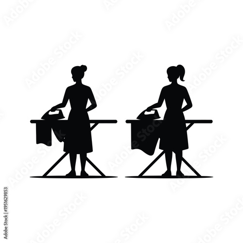 Two women ironing clothes on ironing boards in silhouette