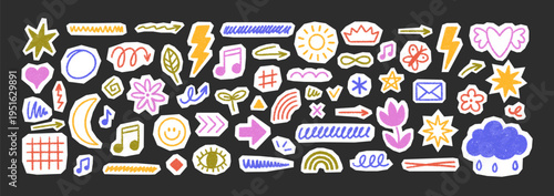 Hand-drawn crayon frames and hearts in playful pastel colors, perfect for kids' creative projects, scrapbooks, and cheerful childish designs. Vector illustration.