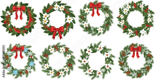 Christmas Wreaths Collection with Red Bows and White Flowers for Holiday Decorations