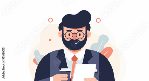 Confident bearded man in suit holds coffee and document