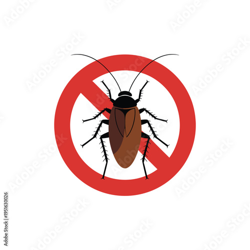 A red prohibition sign featuring a brown cockroach on a white background