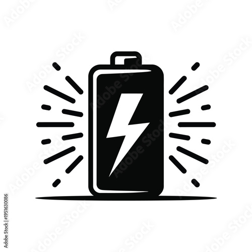 A black and white illustration of a battery with a lightning bolt