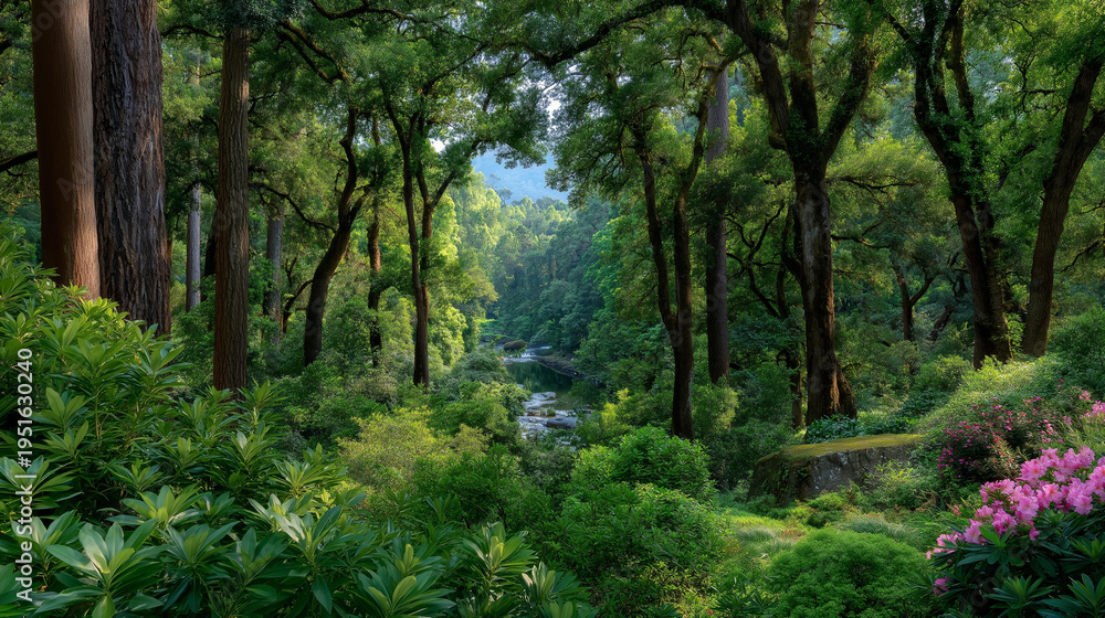 Obraz premium Lush green forest ecosystem thriving with vibrant wildlife, towering trees, and colorful flora. Sunlight streams through leaves, illuminating a diverse habitat bustling with birds and insects in a