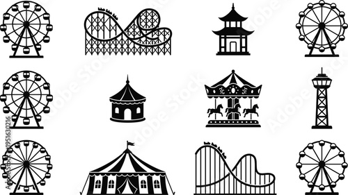 Amusement park icons set, carnival attractions silhouettes, ferris wheel, roller coaster, circus tent, carousel horse, theme park fair symbols isolated on white background
