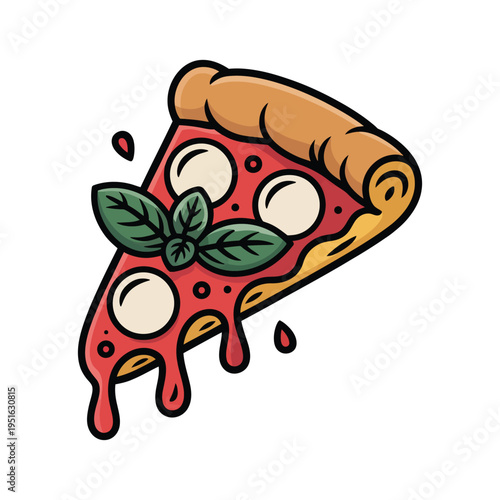 A cartoon slice of pizza with melted cheese and basil leaves