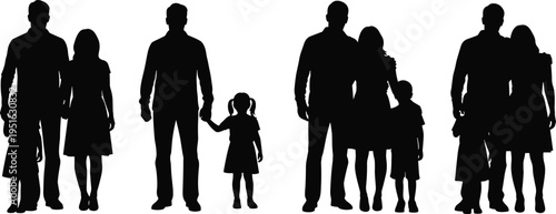 Silhouettes of diverse family units featuring single father with daughter, traditional nuclear families with children, and couples standing together on white background.