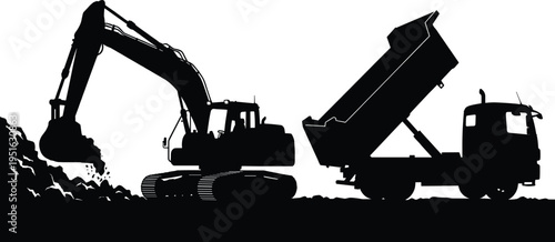 Industrial silhouette of heavy crawler excavator digging soil and hydraulic dump truck unloading material on a construction site for infrastructure and engineering development