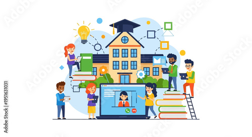 Online Education Concept Illustration: Diverse Students Learning Remotely via E-Learning Platforms, Digital University and Virtual Classroom Enrollment