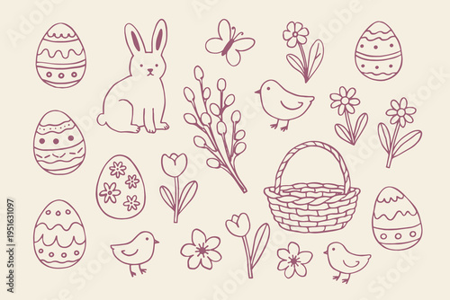 Easter elements set outline sketch vector illustration