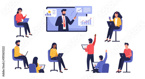 Virtual Classroom and Remote Business Training. E-learning seminar with diverse students and a professional instructor presenting data charts via video conference.