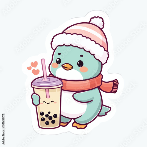 Adorable cartoon baby penguin wearing a striped winter hat and scarf happily holding a bubble tea drink