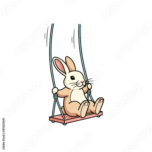 Cartoon bunny swinging happily on a wooden swing in daylight, transparent background