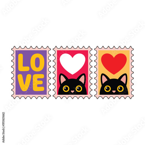 A colorful illustration of three cartoon stamps with hearts and a cat