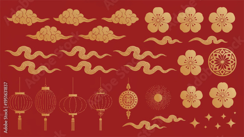 A Valentine's Day themed illustration of flowers, lanterns, and clouds on a red background