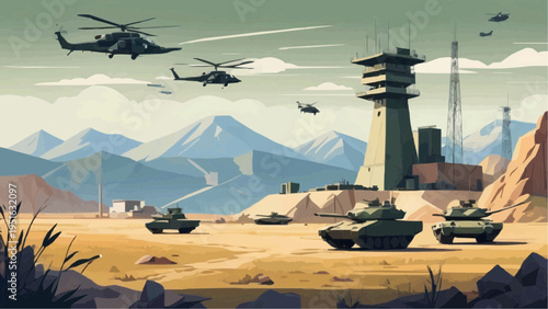 Geometric Military Base Landscape with Radar Tower Abstract Vector Illustration