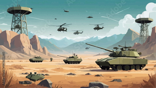 Abstract Army Base Landscape Radar Tower Geometric Military Vector Illustration