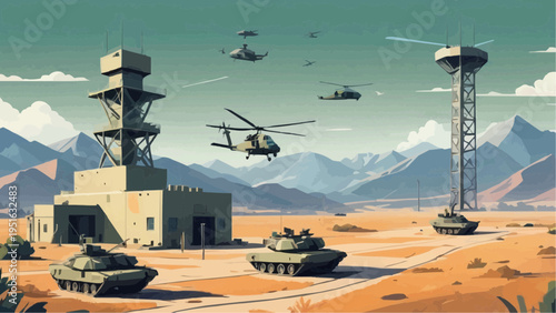Modern Army Base Landscape with Watchtower and Radar Geometric Vector Illustration