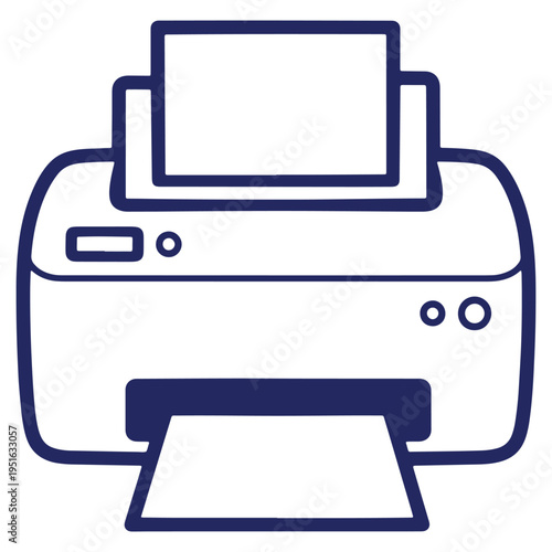 Vector illustration of a blue outlined printer with paper inside ready to print documents and images for home or office use