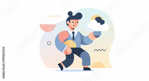 Creative professional holds lightbulb shaped like a cloud with sun