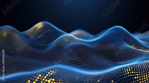 Abstract digital wave landscape.  A mesmerizing display of data points forming undulating hills.  Glittering gold specks accentuate the structure