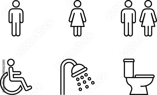 A set of simple black and white bathroom icons on a white background