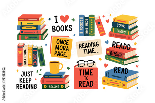 Reading Books Doodle Illustration Set. Cute Hand Drawn Book Stacks, Quotes, Coffee, Glasses and Reading Time Elements. Education and Literature Concept. Vector Illustration.