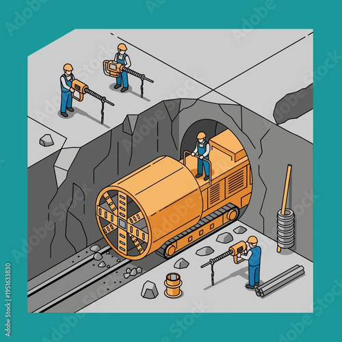 Isometric illustration of a tunnel boring machine at work, constructing a passage underground.
