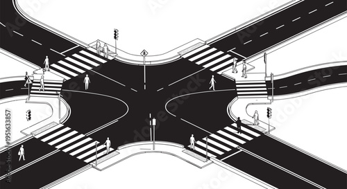 Flat vector illustration of city intersection, pedestrian crosswalks, traffic lights, urban infrastructure, road lanes, sidewalks, transportation planning, street design, black silhouette icons