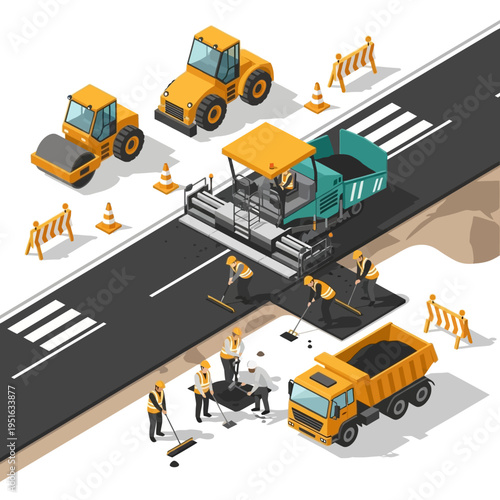 Isometric illustration of road construction, featuring workers, machinery, and asphalt paving process.