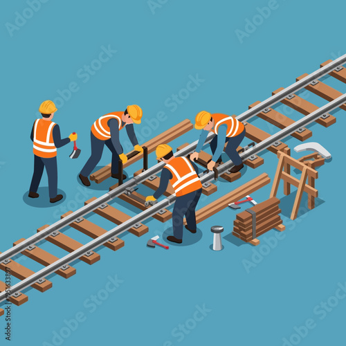 Isometric view of railway construction, workers installing tracks and wooden sleepers.
