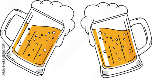 Beer mug glass with foam frothy beverage alcohol drink pub bar Oktoberfest celebration icon set vector illustration