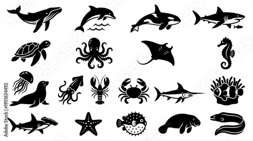Sea Life Vector Collection Ocean Animals Black Bold Minimalist Icon Set