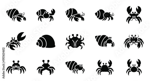 Hermit crab and seashell silhouette collection for marine life and beach design