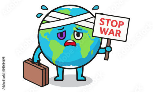 Injured Earth Mascot Holding Stop War Sign on White Background