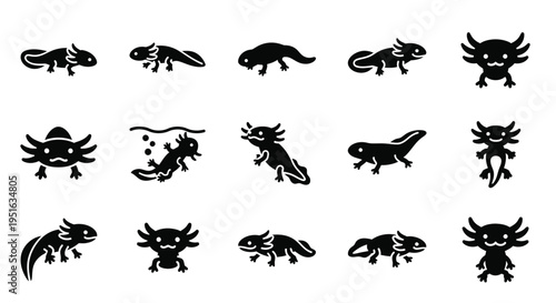 Axolotl vector icons collection, featuring various poses and styles of axolotls, set against white background, simple and elegant amphibian clip art