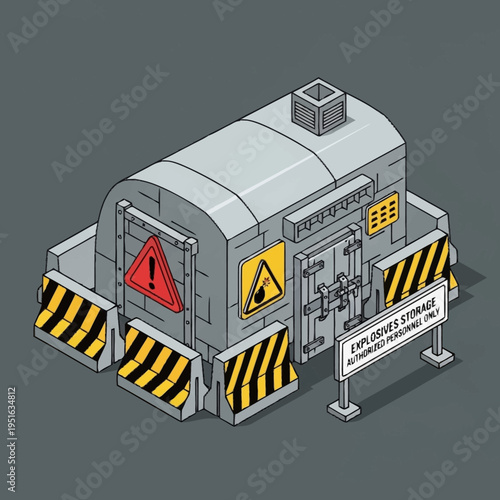 Isometric Explosives Storage Bunker with Warning Signs.
