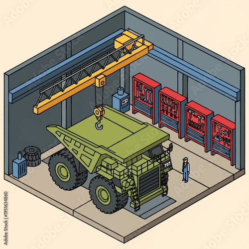 Massive Mining Truck Undergoing Maintenance in Industrial Workshop.