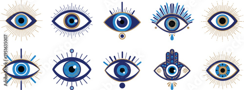 Blue evil eye symbol icon set nazar amulet protection mystical spiritual talisman charm isolated vector illustration collection