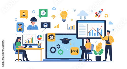 E-Learning and Digital Skill Development Concept. Online education, data analysis, coding training, VR learning, and remote business strategy platform illustration.
