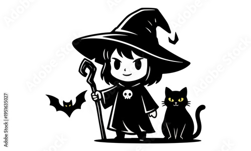 Little Witch Mascot Holding Magic Staff with Black Cat and Bat
